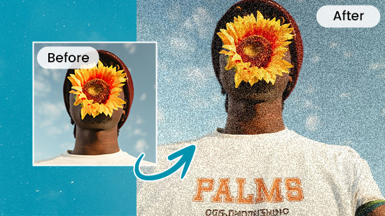 a guy's face with sunflower original picture and picture applied with grain effect of Vivid Glam