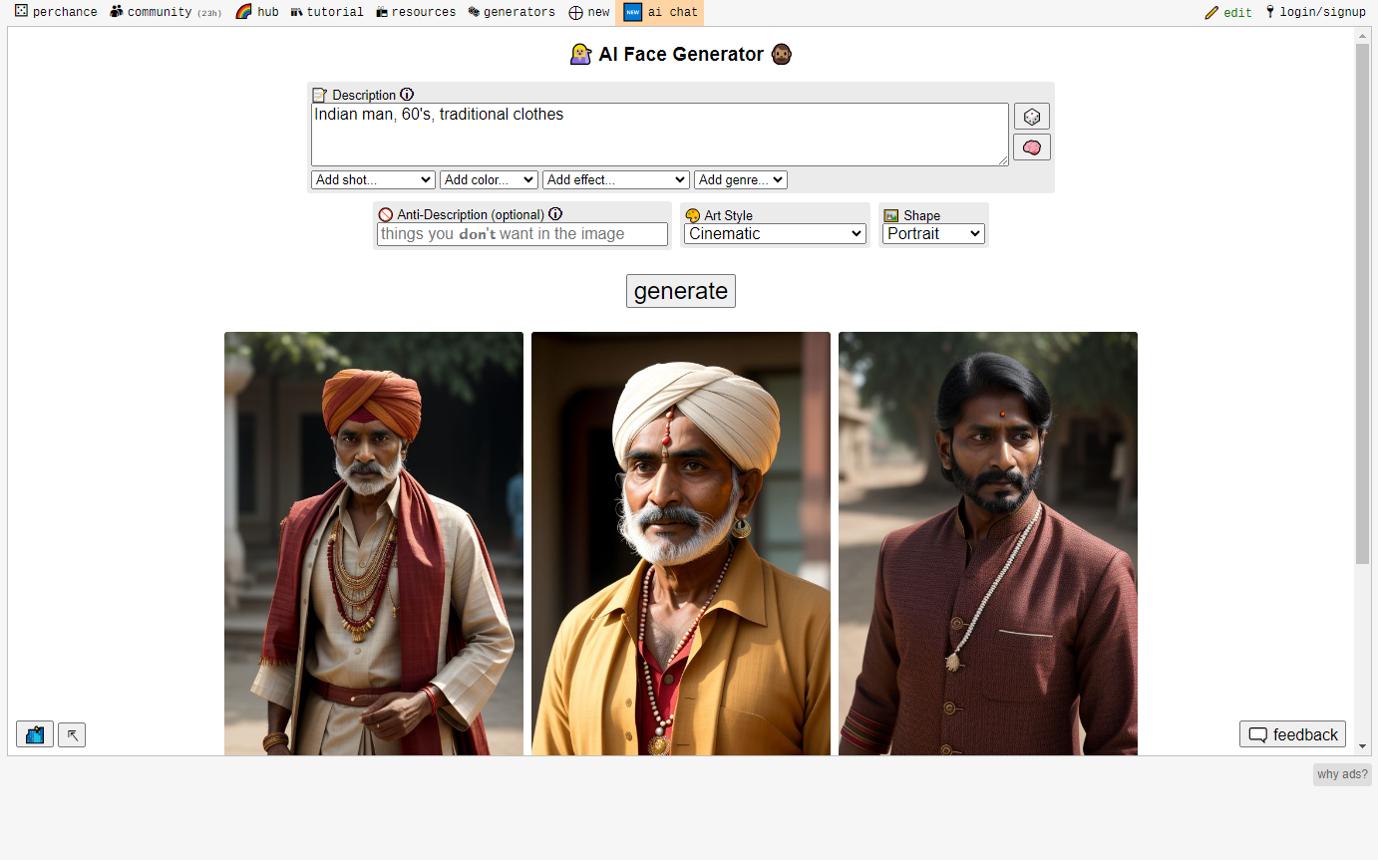 Perchance - 3e Meilleur générateur de visage IA