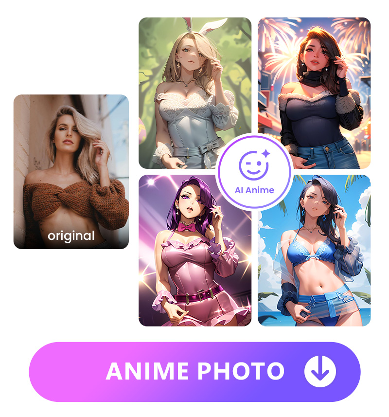 use VIvid AI's AI Anime feature to turn a woman's photo into 4 cartoon styles