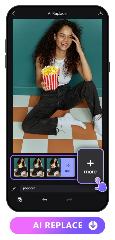 3 AI replace styles of a woman sitting on floor, holding green smoothie photo with Vivid AI