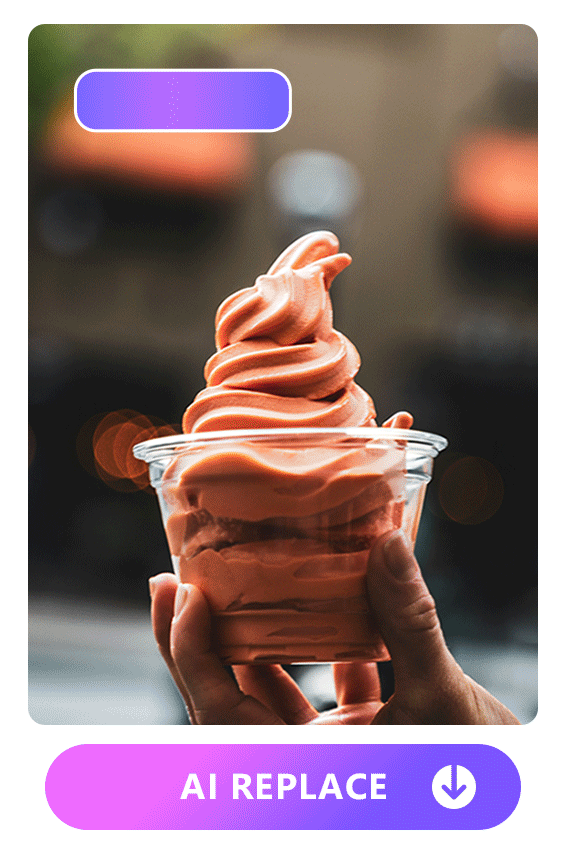 use AI replace to transform an ice cream photo to camel standing on a sand dune and with captus and cloud around