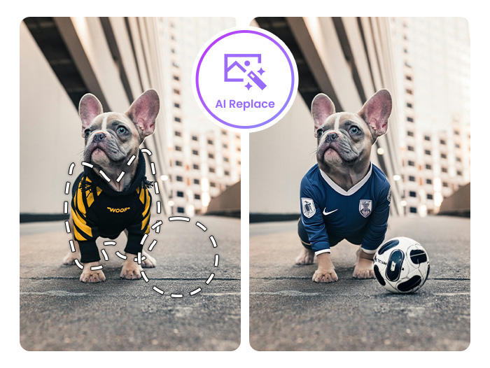 original photo of a dog wearing a yellow jersey and AI replaced photo of the dog wearing a blue jersey with a soccer around