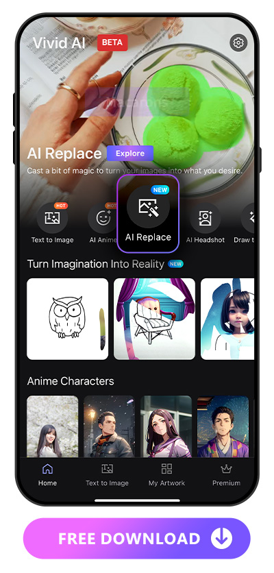 launcher of Vivid AI and with AI Replace feature highlighted