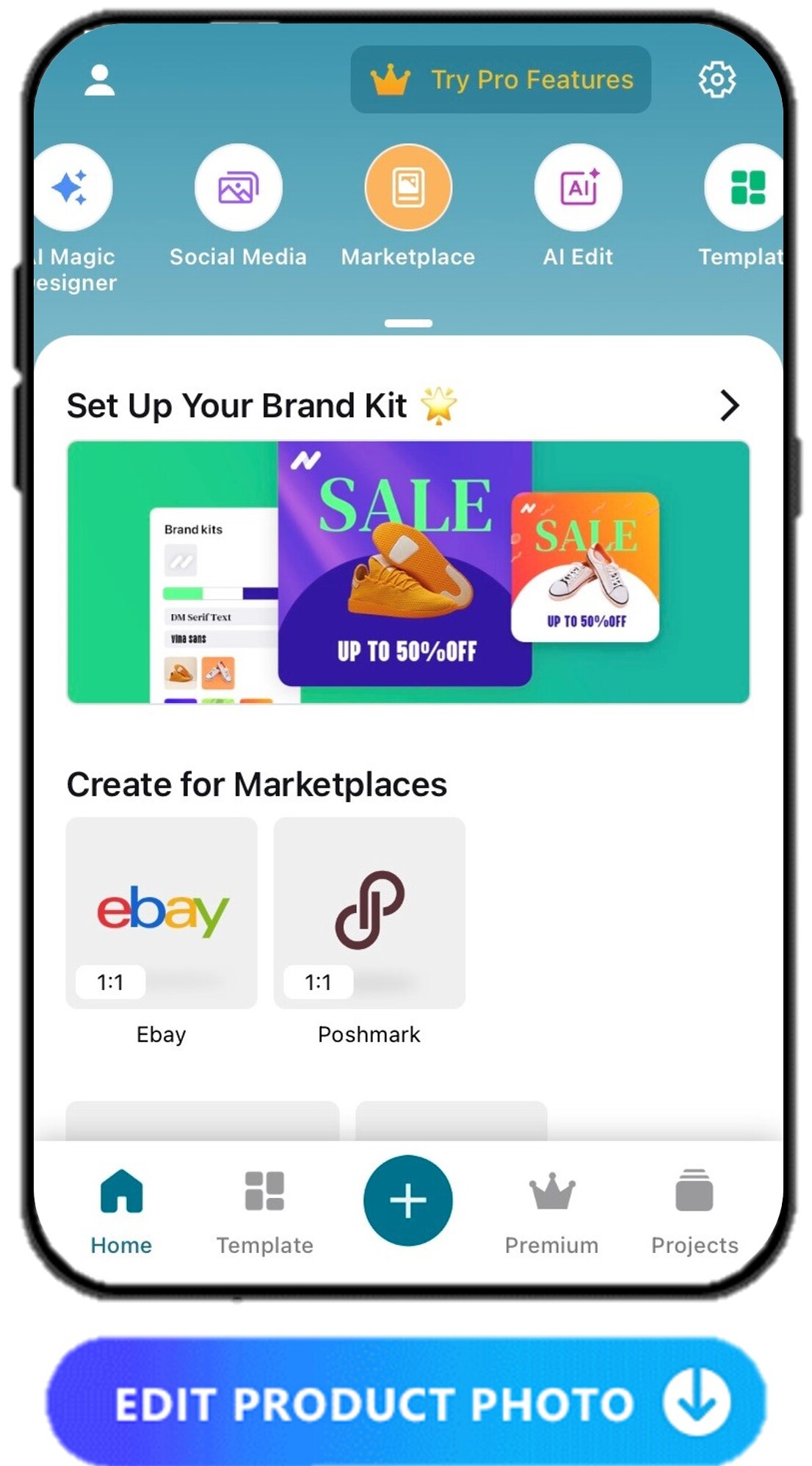 workflow of removing product image background and applying with templates generated by AI in portrait, square and landscape size