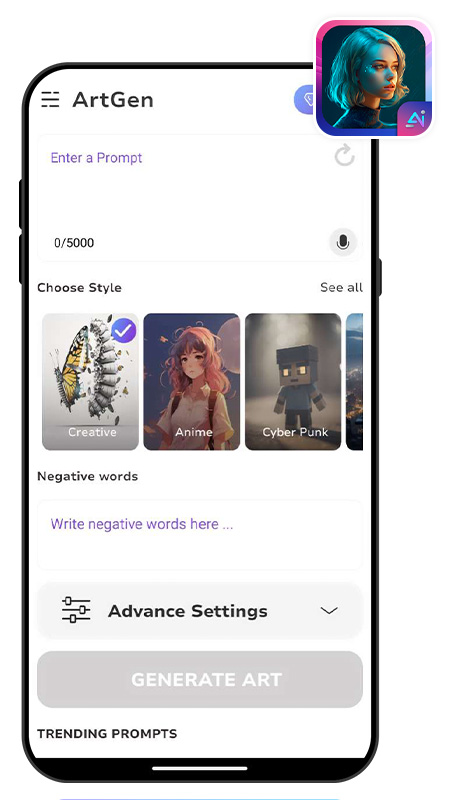 Text to Image UI of AI Image Art Generator to generate AI girls
