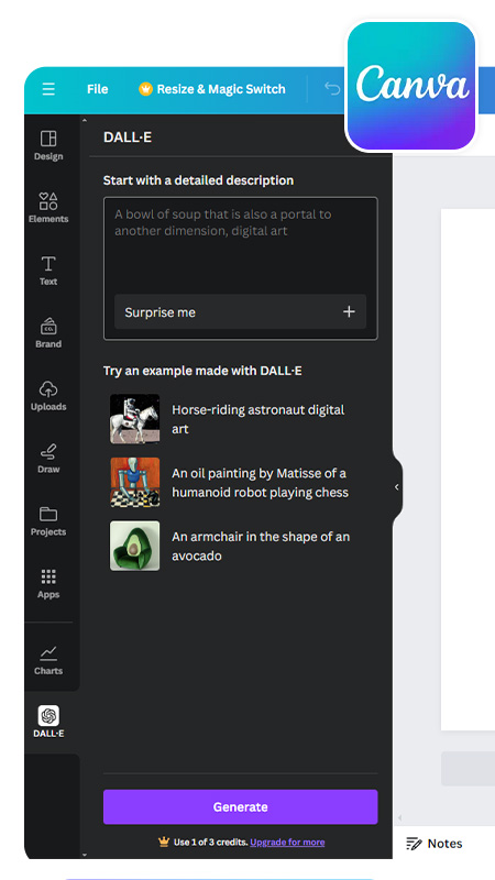 Text to Image UI of Canva to generate AI girls