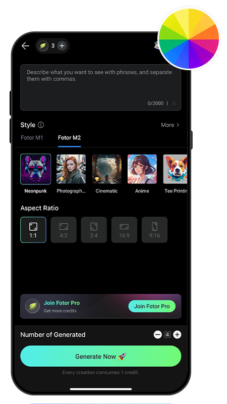 Text to Image UI of Fotor to generate AI girls