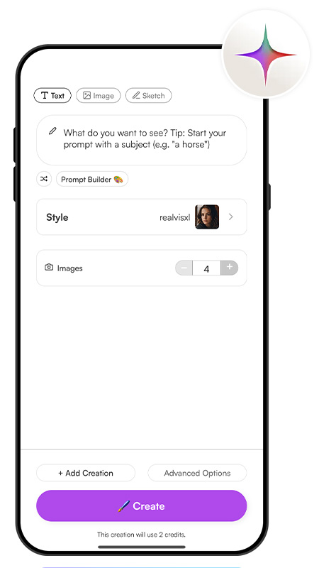 Text to Image UI of Starryai to generate AI girls