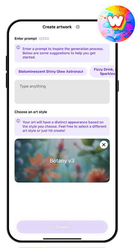 Text to Image UI of WOMBO Dream to generate AI girls