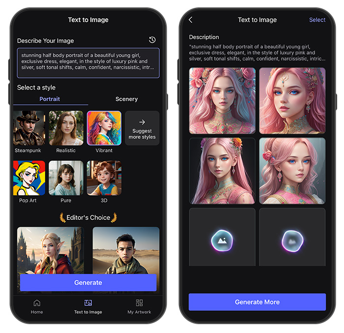 Text to Image UI of MyEdit and 4 generated AI girl images