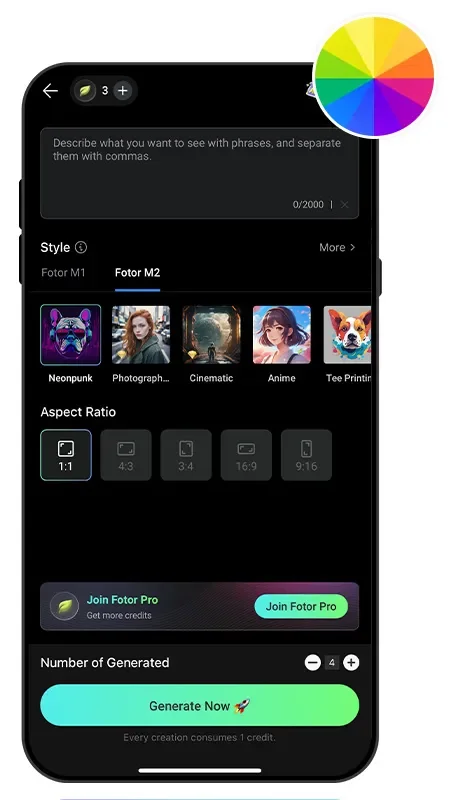 Text to Image UI of Fotor to generate AI girls