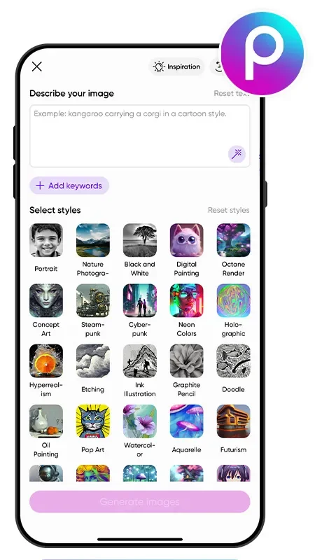 Text to Image UI of Picsart to generate AI girls