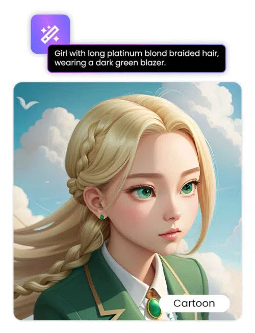 AI girls generated by MyEdit with Text to Image in Portrait's Fantasy, Pure, Cartoon, Sandstorm, Realistic, Romantic styles