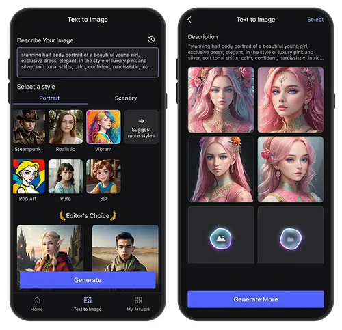 Text to Image UI of MyEdit and 4 generated AI girl images
