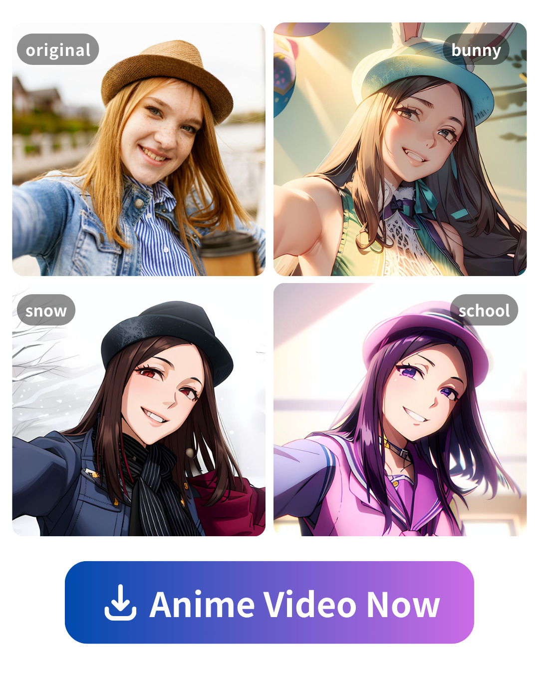 AI anime feature demos of Vivid AI in bunny, snow and school styles