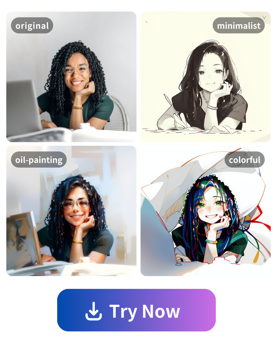 AI sketch feature demos of Vivid AI in minimalist, oil painting and colorful styles