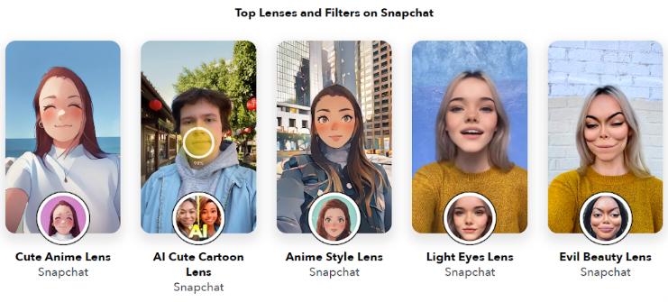 5 Snapchat filters examples including Cubism art, Van Gosh painting, Cute anime, AI cute cartoon and Anime style