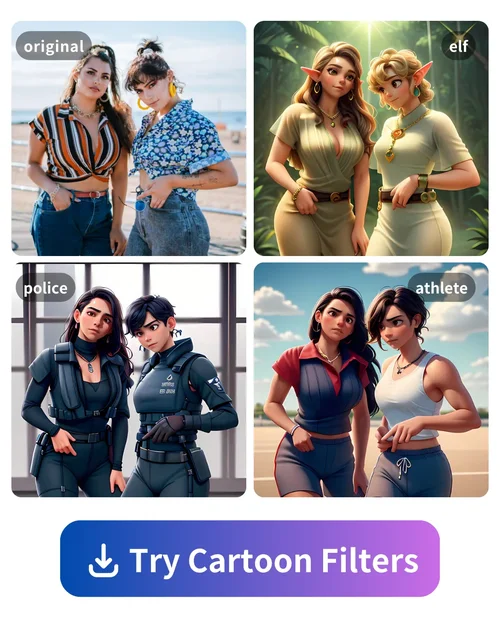 AI cartoon feature demos of Vivid AI in elf, police and athlete styles