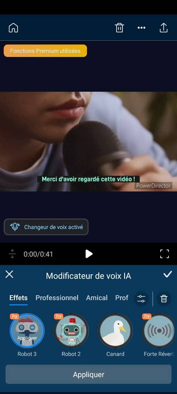 changer sa voix avec des modeles et effets dans l'app powerdirector