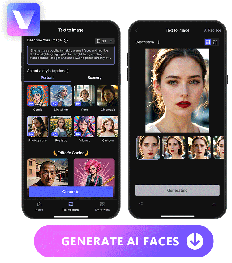 text to image UI of Vivid AI with text prompt and the generated AI faces in different styles