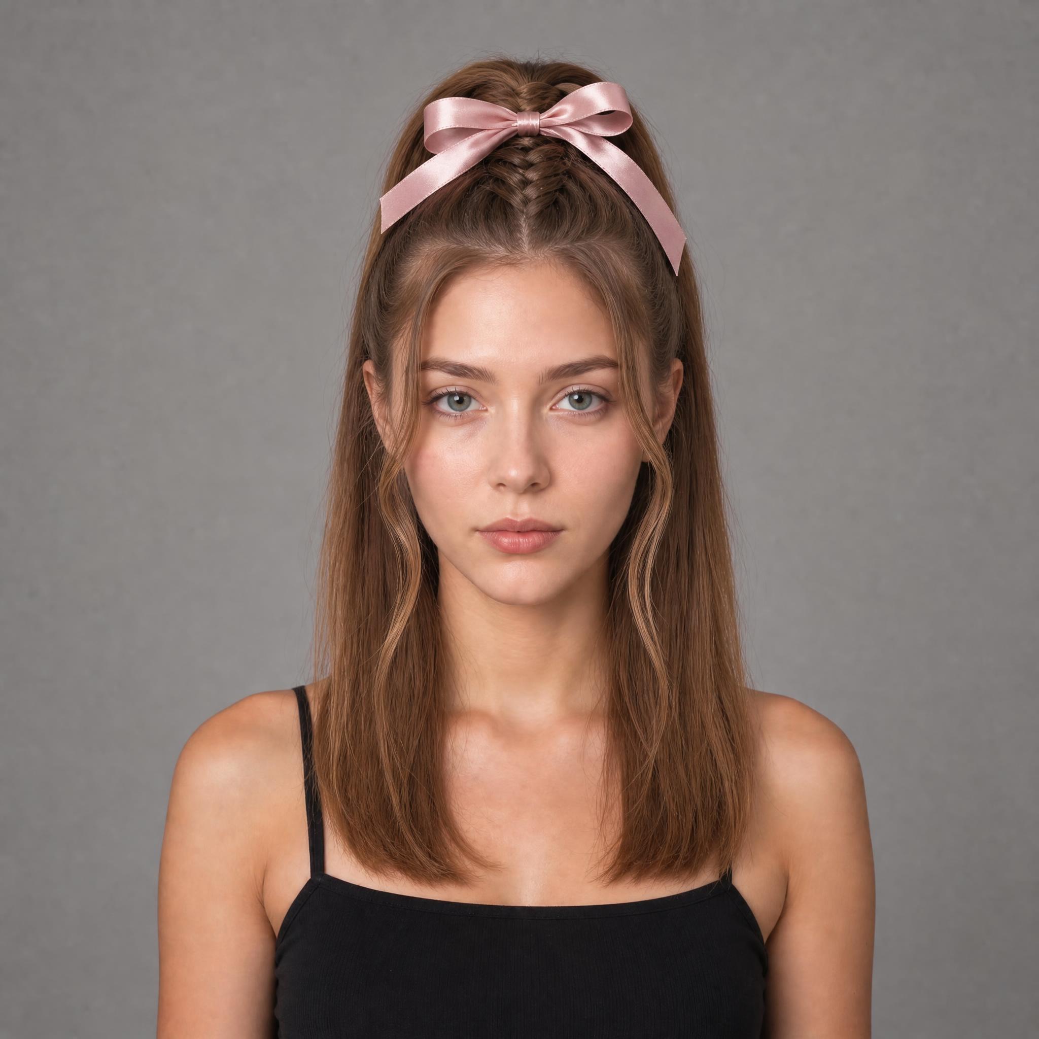 Media coleta alta con trenza de espiga integrada y lazo de raso rosa palo