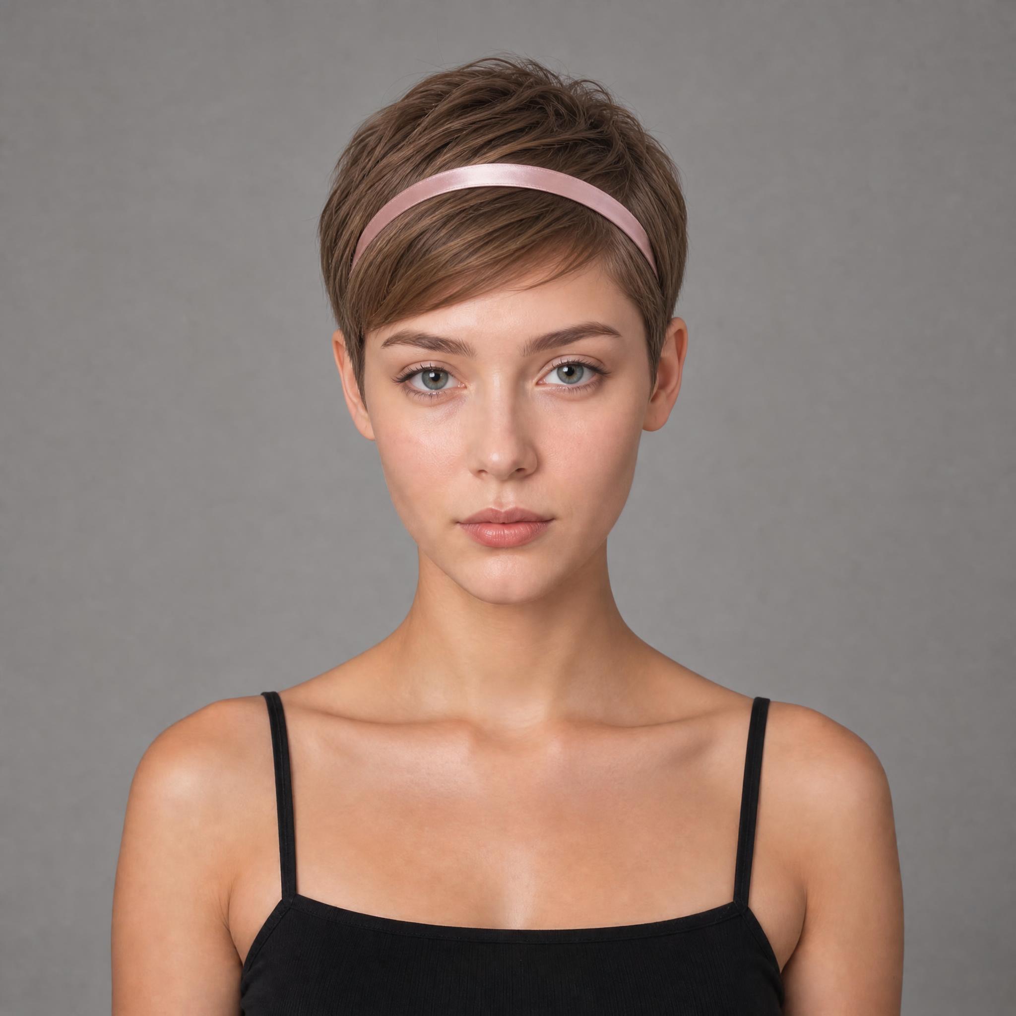 Corte pixie con flequillo de lado y diadema fina de raso rosa palo