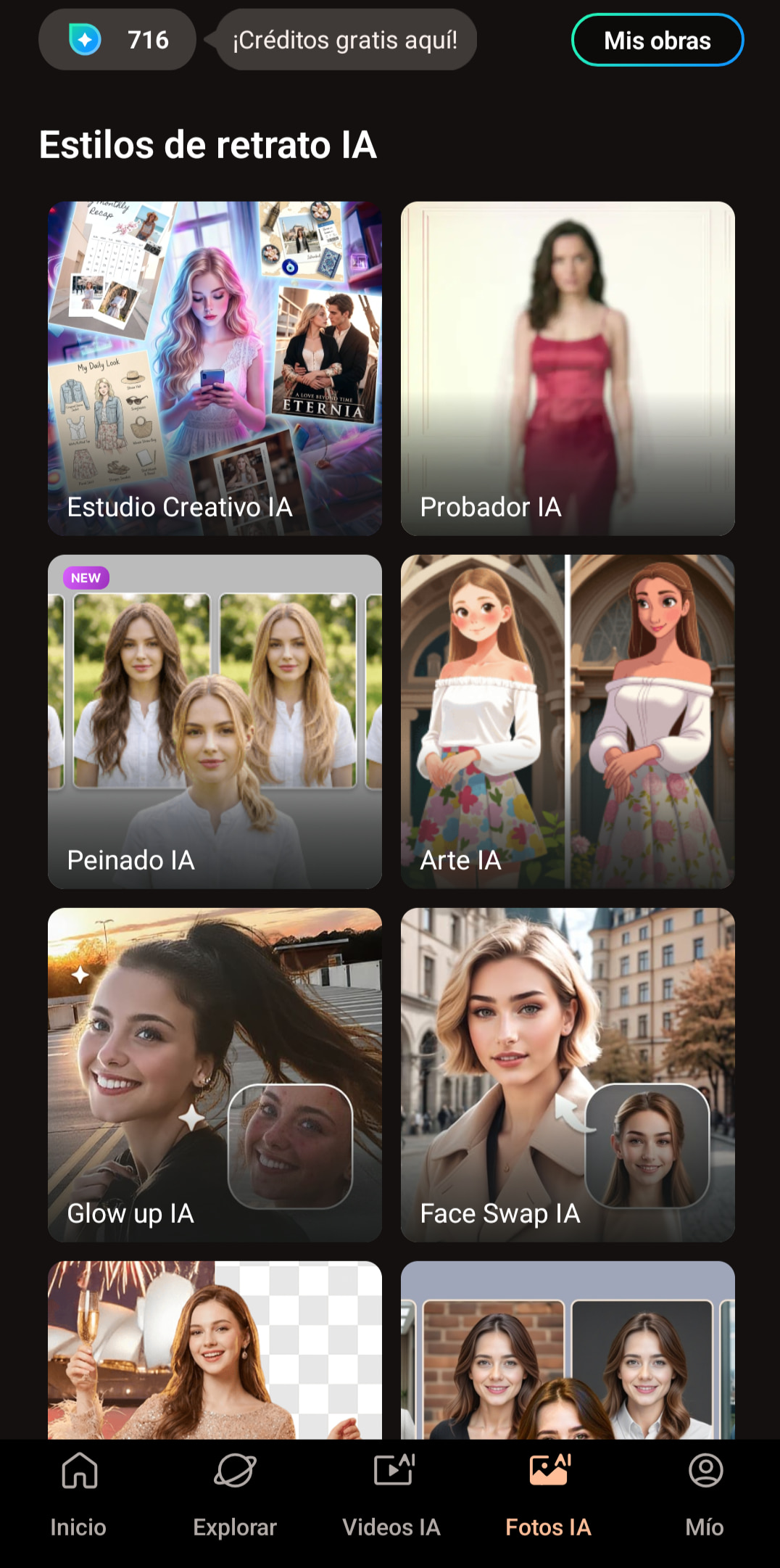 Rejilla Estilos de retrato IA de PhotoDirector con la tarjeta Peinado IA