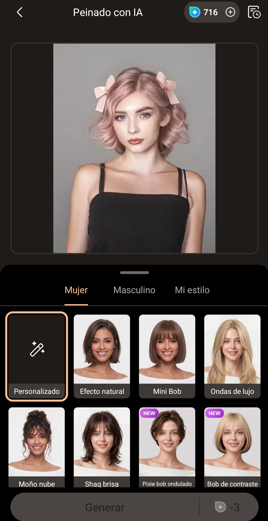Pantalla Peinado con IA con las pestañas Mujer, Masculino y Mi estilo y los estilos predefinidos