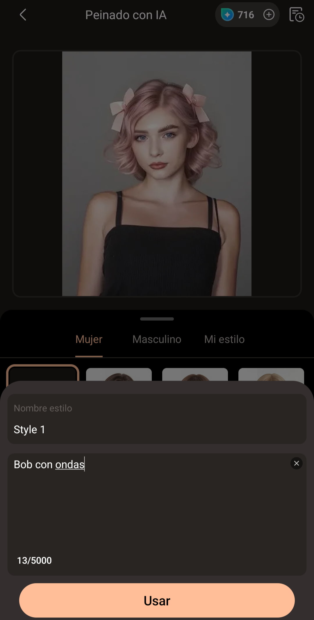 Cuadro de estilo personalizado de Peinado IA con el nombre y la descripción del peinado