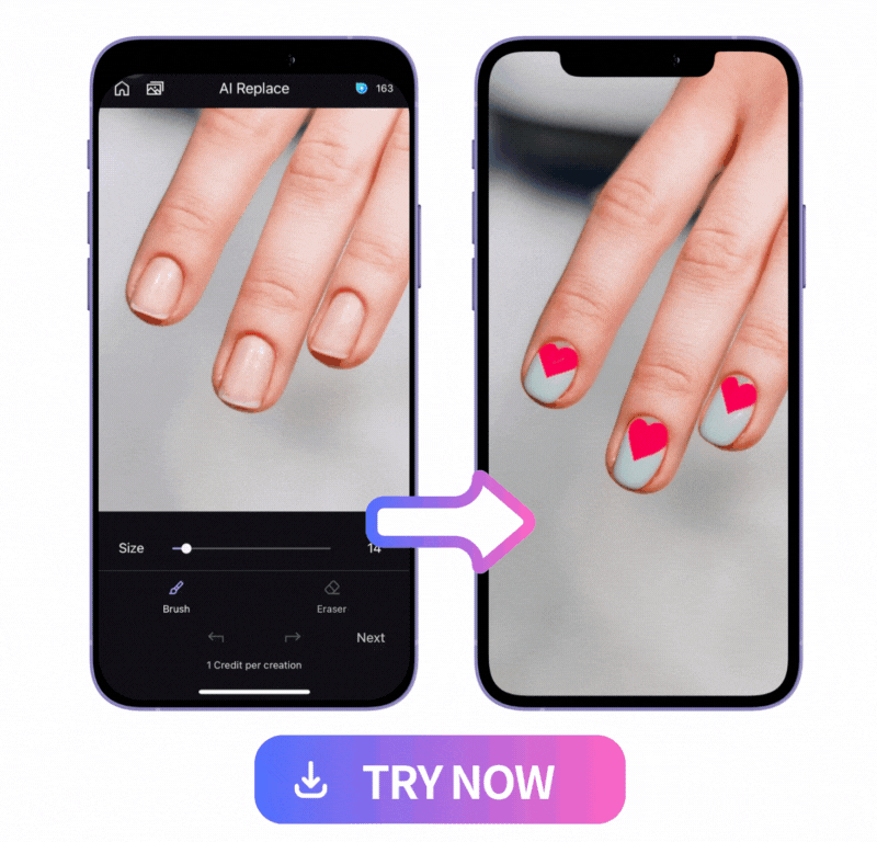 demonstration of using MyEdit to change nail design from nothing to pastel pink nails with a red heart sticker on top