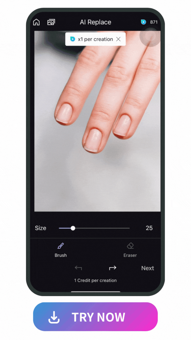 demonstration of using Vivid AI to change nail design with AI Replace feature by brushing on the nail area