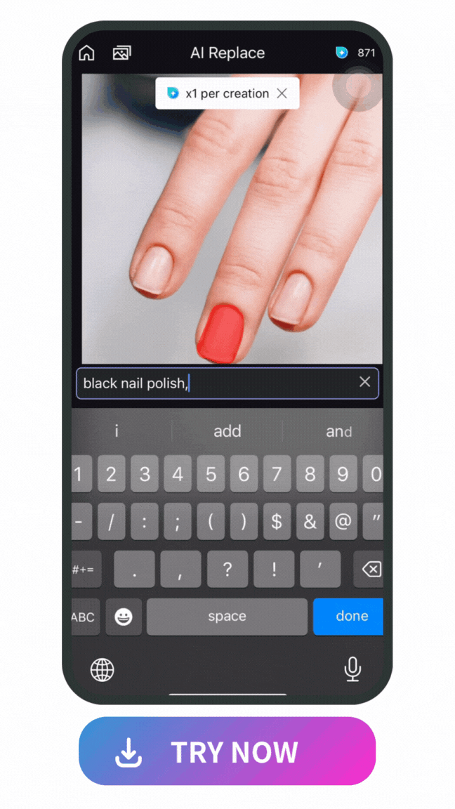 emonstration of using Vivid AI to change nail design with AI Replace feature by typing the nail idea text prompt