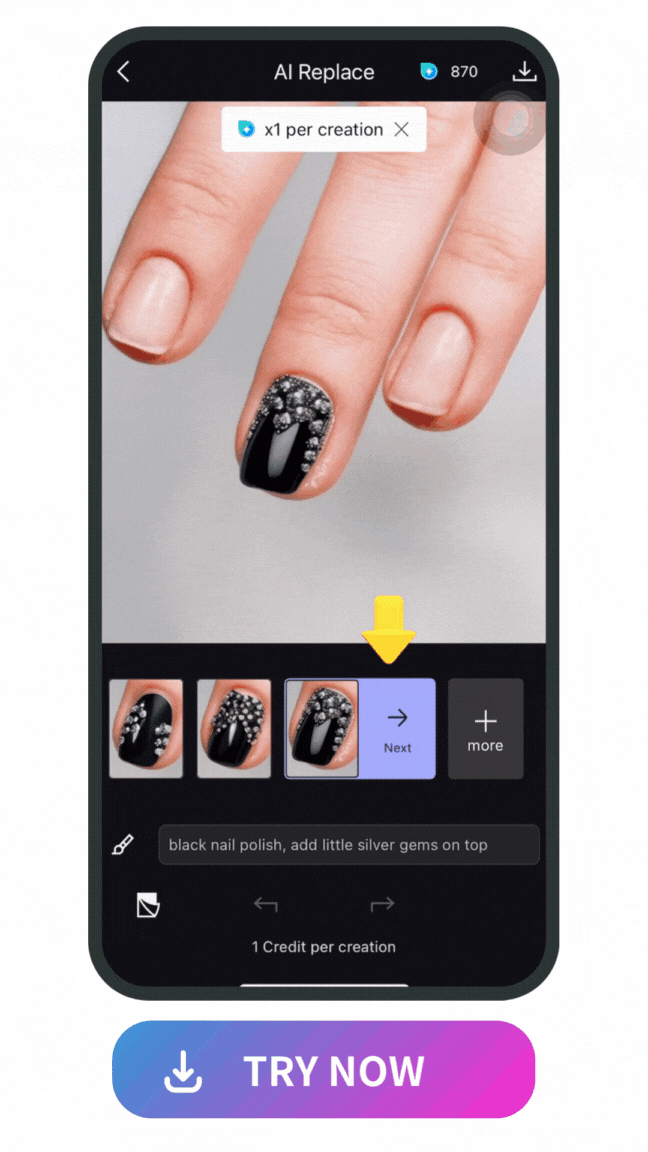 demonstration of using Vivid AI to change nail designs with AI Replace feature