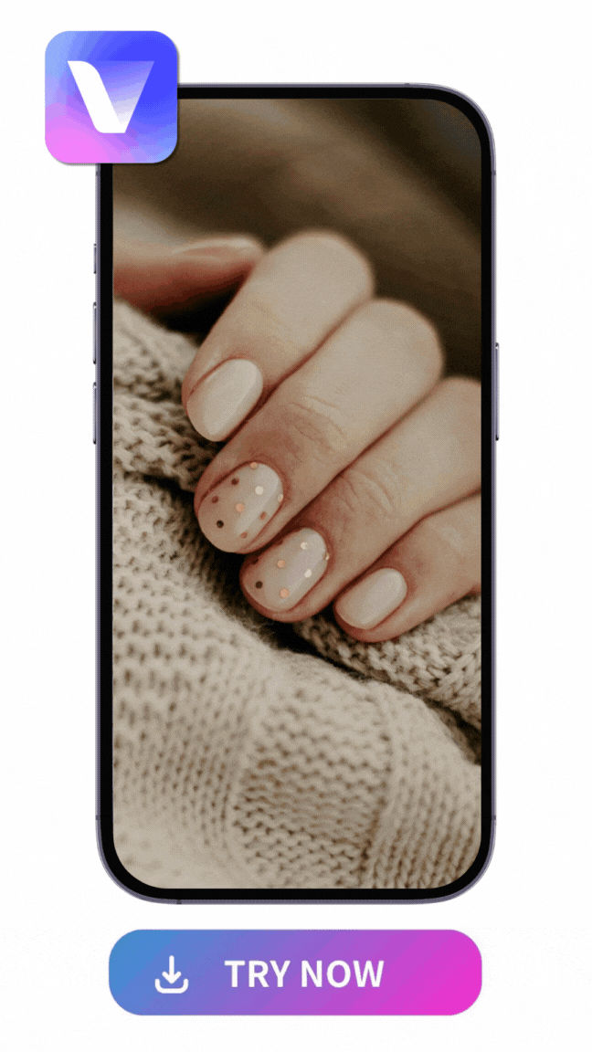 demonstration of original nails and red nail designs with sparkles changed with Vivid AI's AI Replace feature