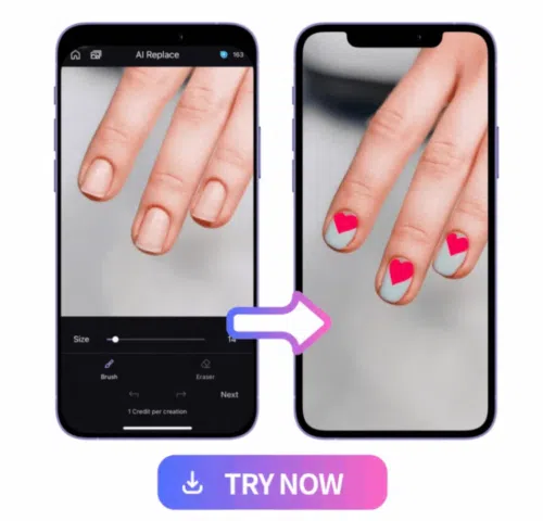 demonstration of using MyEdit to change nail design from nothing to pastel pink nails with a red heart sticker on top