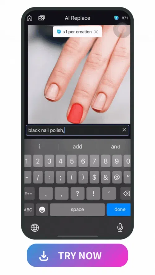 emonstration of using Vivid AI to change nail design with AI Replace feature by typing the nail idea text prompt