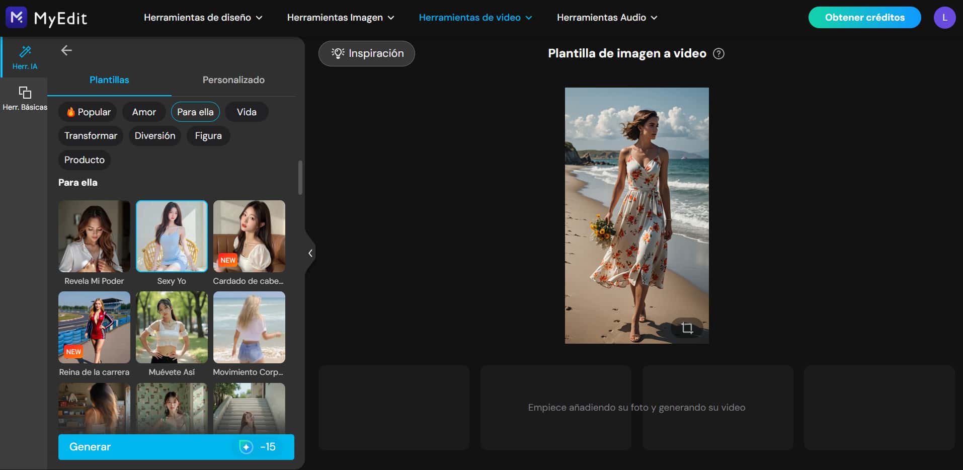 Interfaz del generador de imágenes con IA en MyEdit