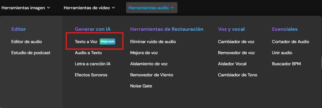 Menú Herramientas audio de MyEdit desplegado, con la herramienta Texto a Voz en la columna Generar con IA