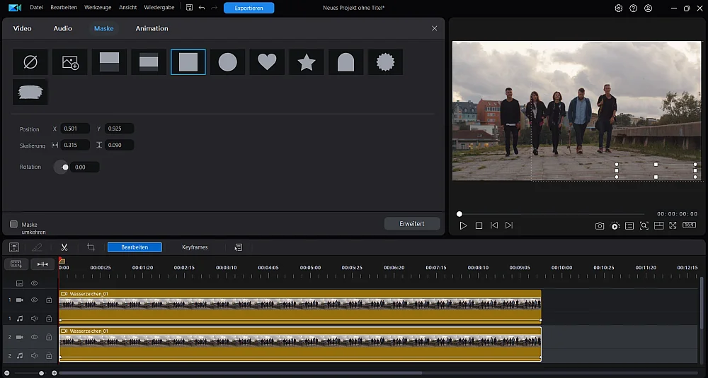 Maskiertes Video wird über das Wasserzeichen gezogen.