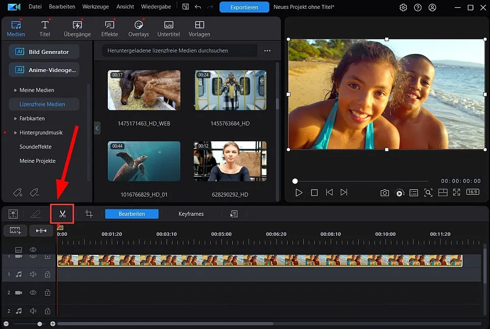 Scheren-Symbol über der Zeitleiste anklicken