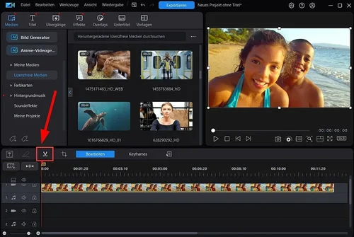 Scheren-Symbol über der Zeitleiste anklicken