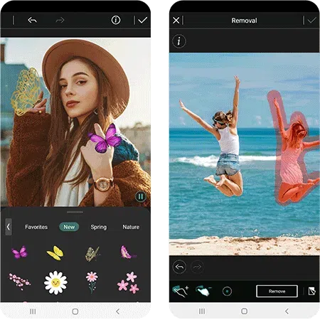 Use the best photo editor app PhotoDirector Mobile to add animated stickers or remove people from pictures