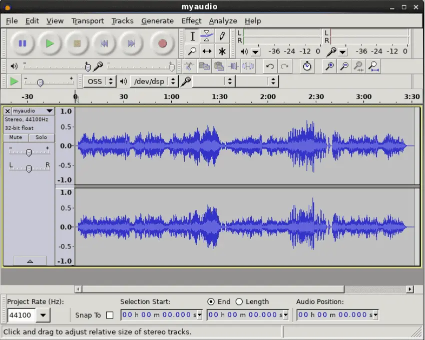 Interfaz de Audacity, un programa para grabar audio gratuito