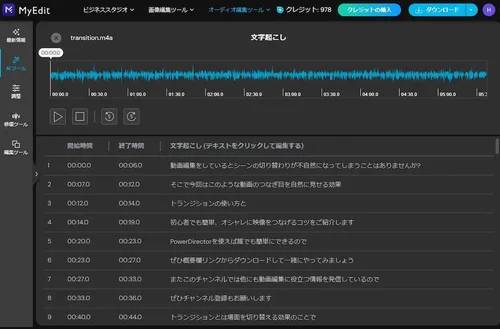 MyEdit AI 文字起こし 画面