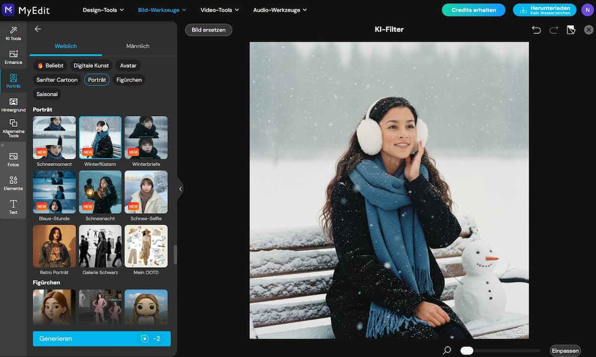 MyEdit - Winter-Profilbilder mit KI-Filtern erstellen