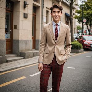 MyEdit AI 画像生成 男子高校生ベージュブレザー×赤チェックパンツ スタイル：リアル反映画像1