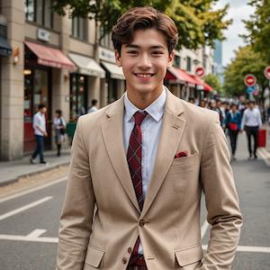 MyEdit AI 画像生成 男子高校生ベージュブレザー×赤チェックパンツ スタイル：リアル反映画像2