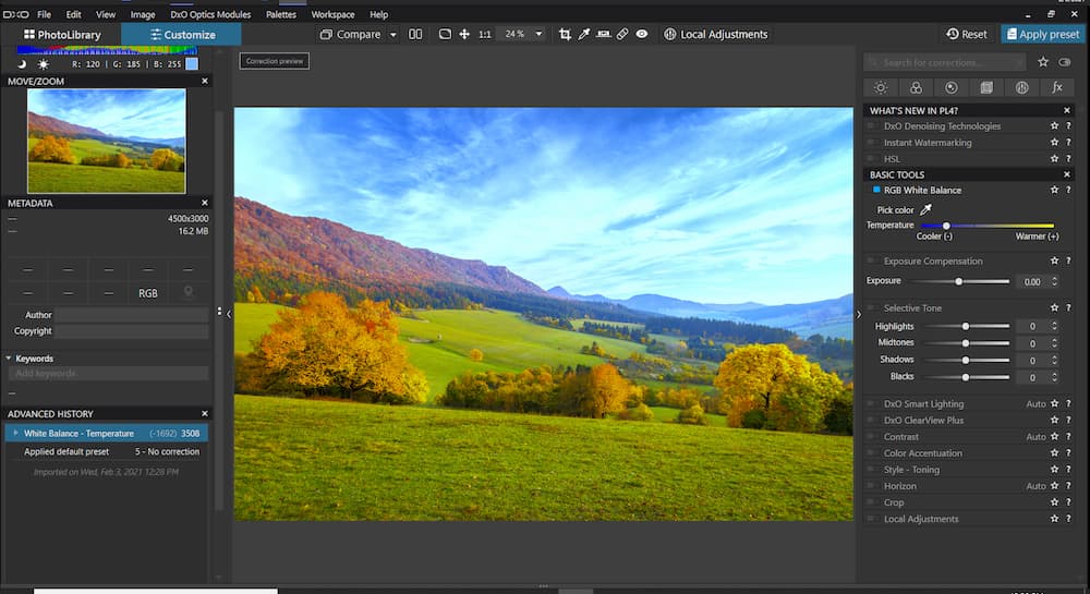 DxO PhotoLab ユーザーインターフェース