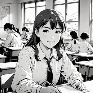 MyEdit AI 画像生成 スタイル漫画 学校の机に座っている女子高校生 生成その1画像