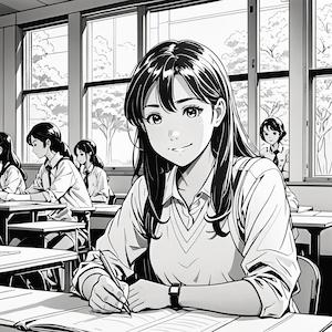 MyEdit AI 画像生成 スタイル漫画 学校の机に座っている女子高校生 生成その2画像